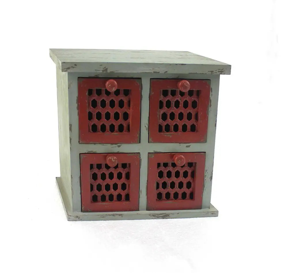 14" Red And White Distressed Wood Four Drawer Desk Organizer - NOBLE HOME INTERIORS