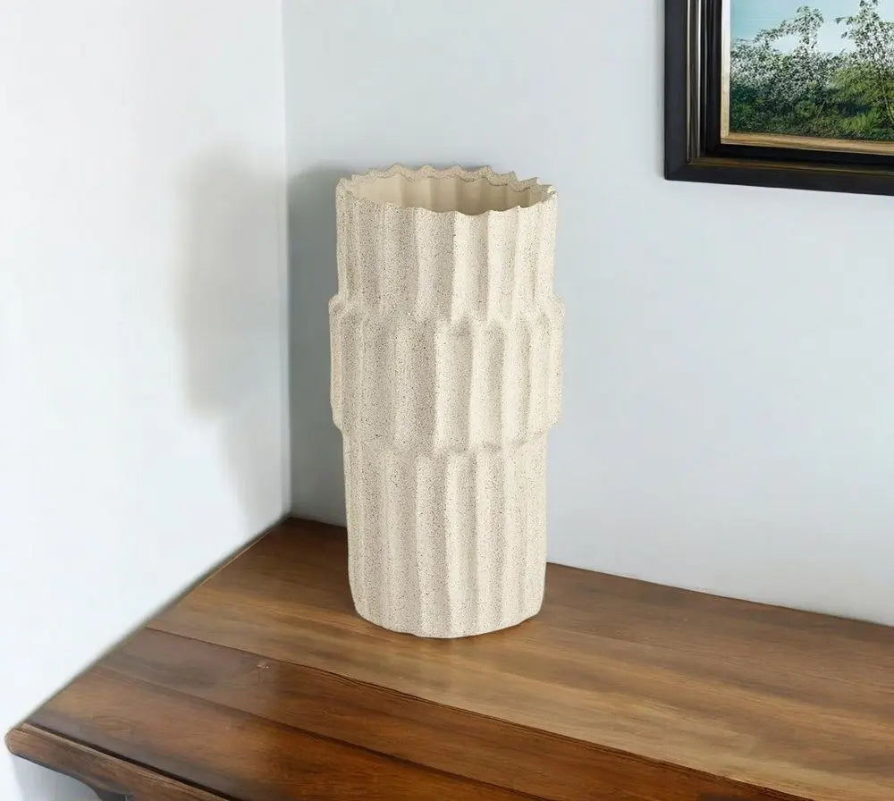 14" Sand Organic Textured Ceramic Cylinder Table Vase - NOBLE HOME INTERIORS