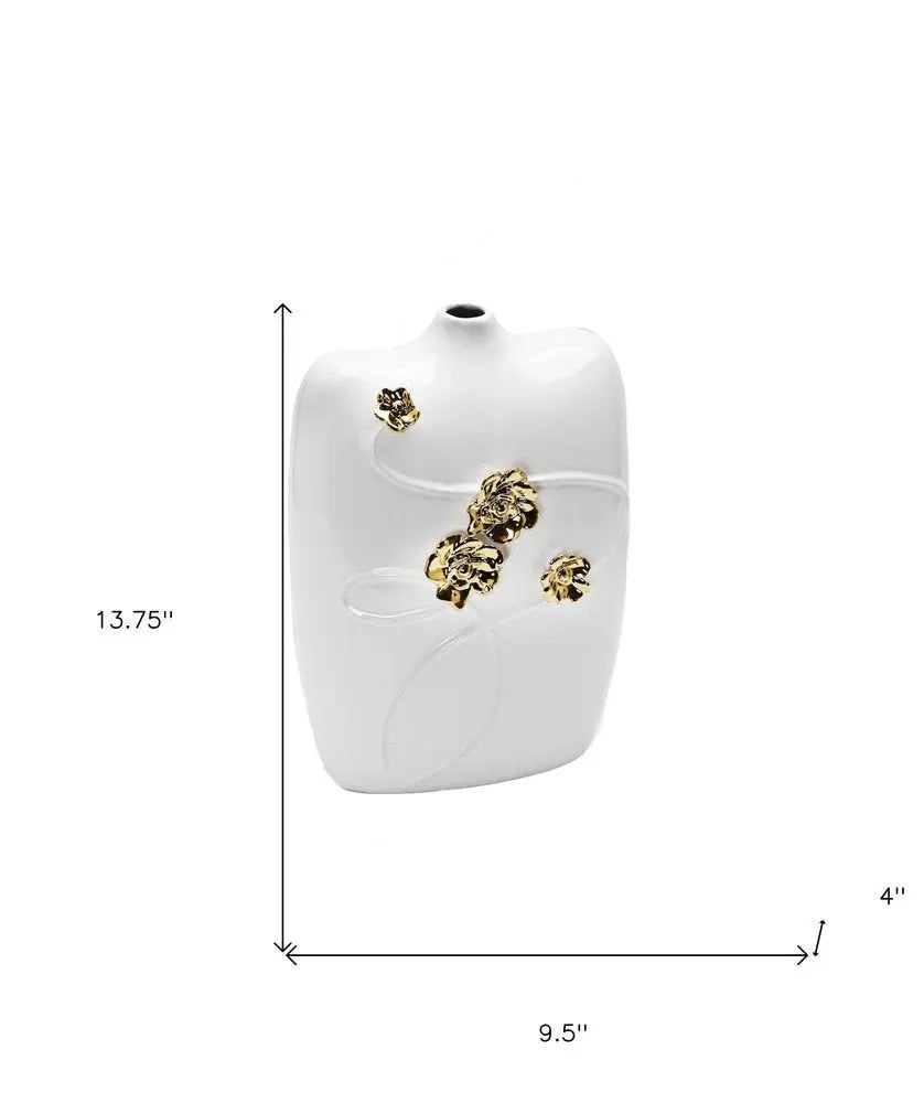 14" White Floral Ceramic Table Vase With Sculptural Details - NOBLE HOME INTERIORS