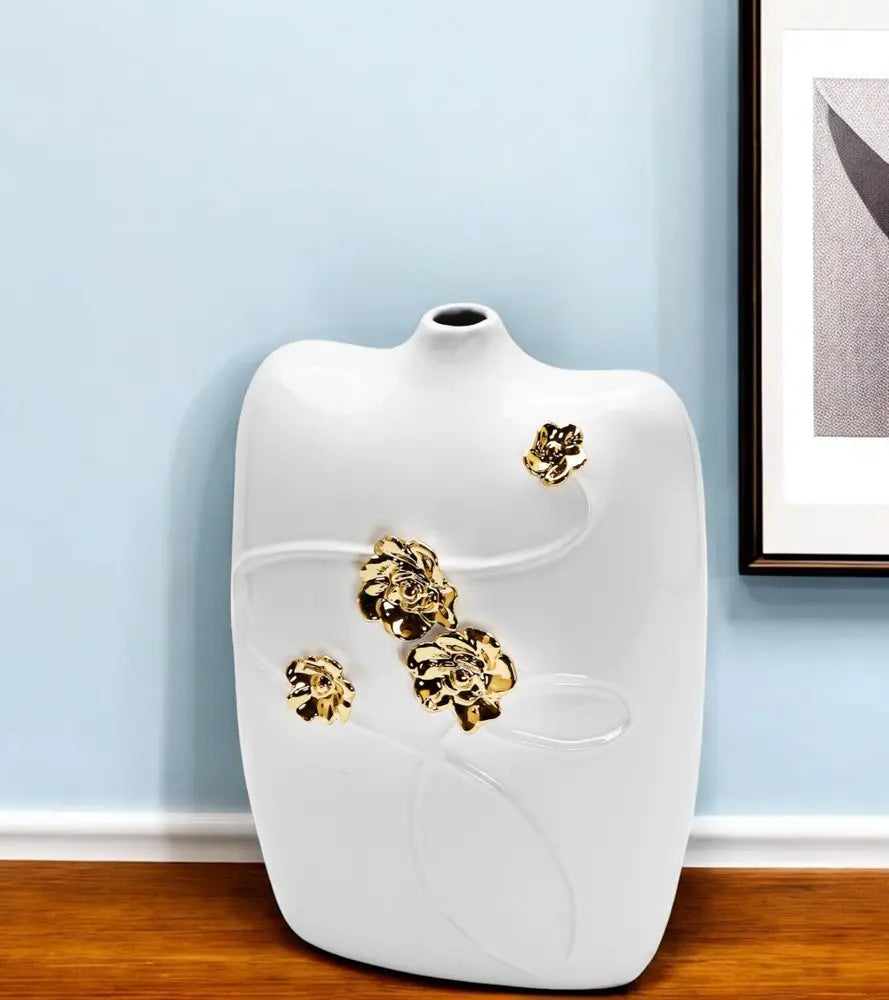 14" White Floral Ceramic Table Vase With Sculptural Details - NOBLE HOME INTERIORS