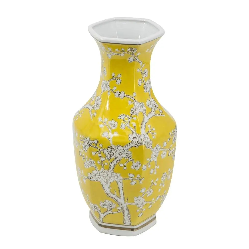 14" Yellow and White Porcelain Floral Round Table Vase - NOBLE HOME INTERIORS