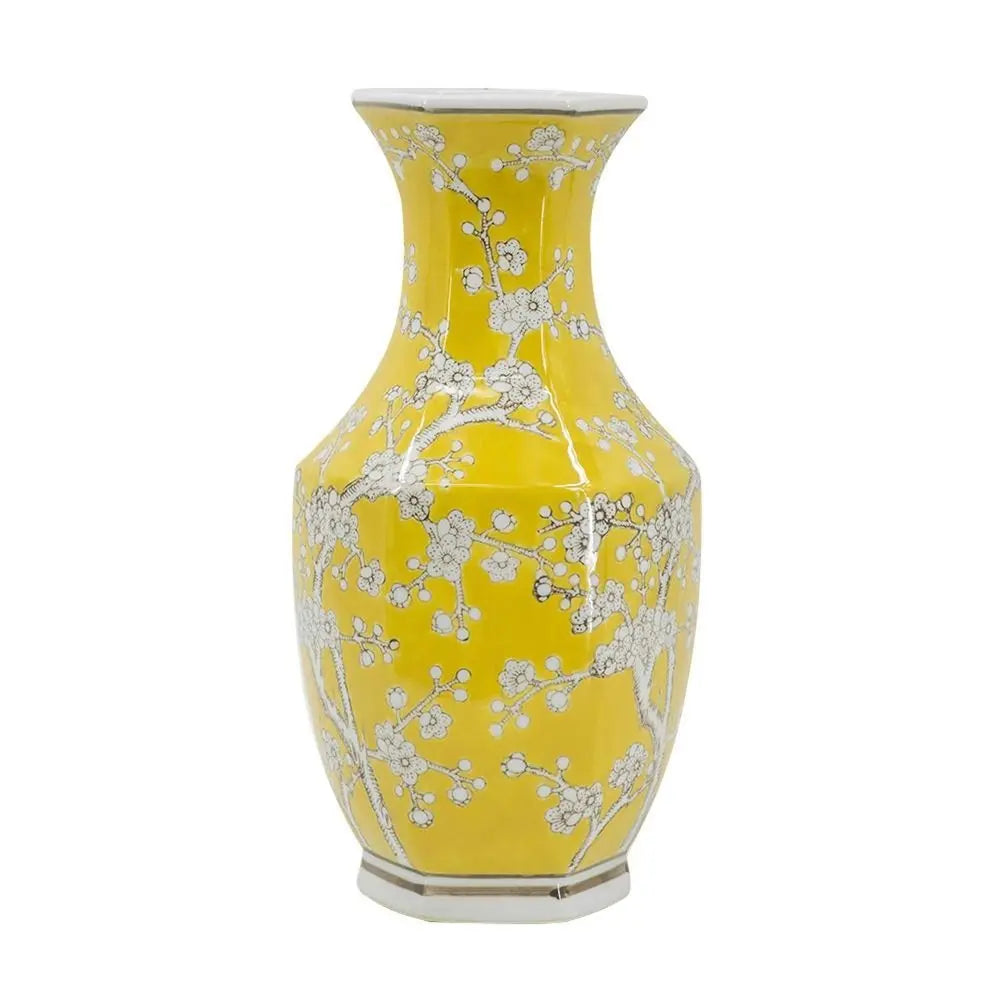 14" Yellow and White Porcelain Floral Round Table Vase - NOBLE HOME INTERIORS