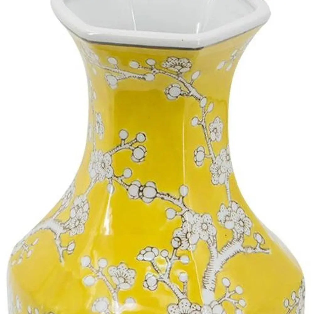 14" Yellow and White Porcelain Floral Round Table Vase - NOBLE HOME INTERIORS