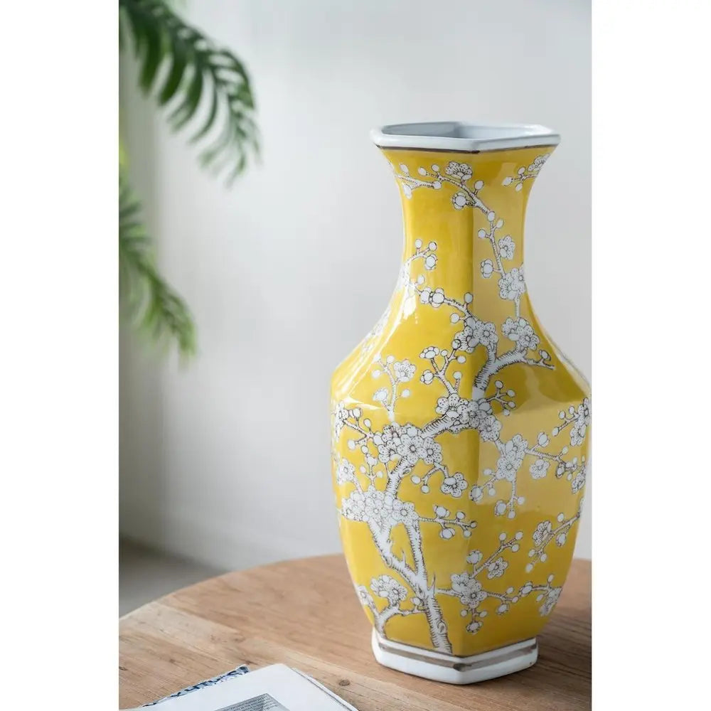 14" Yellow and White Porcelain Floral Round Table Vase - NOBLE HOME INTERIORS