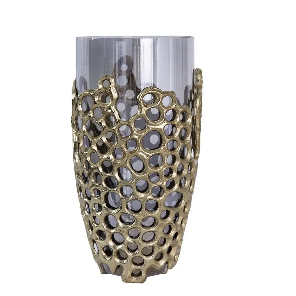 15" Black And Gold Aluminum And Glass Cylinder Table Vase - NOBLE HOME INTERIORS