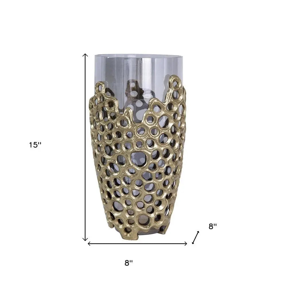 15" Black And Gold Aluminum And Glass Cylinder Table Vase - NOBLE HOME INTERIORS