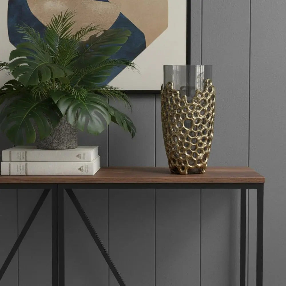 15" Black And Gold Aluminum And Glass Cylinder Table Vase - NOBLE HOME INTERIORS