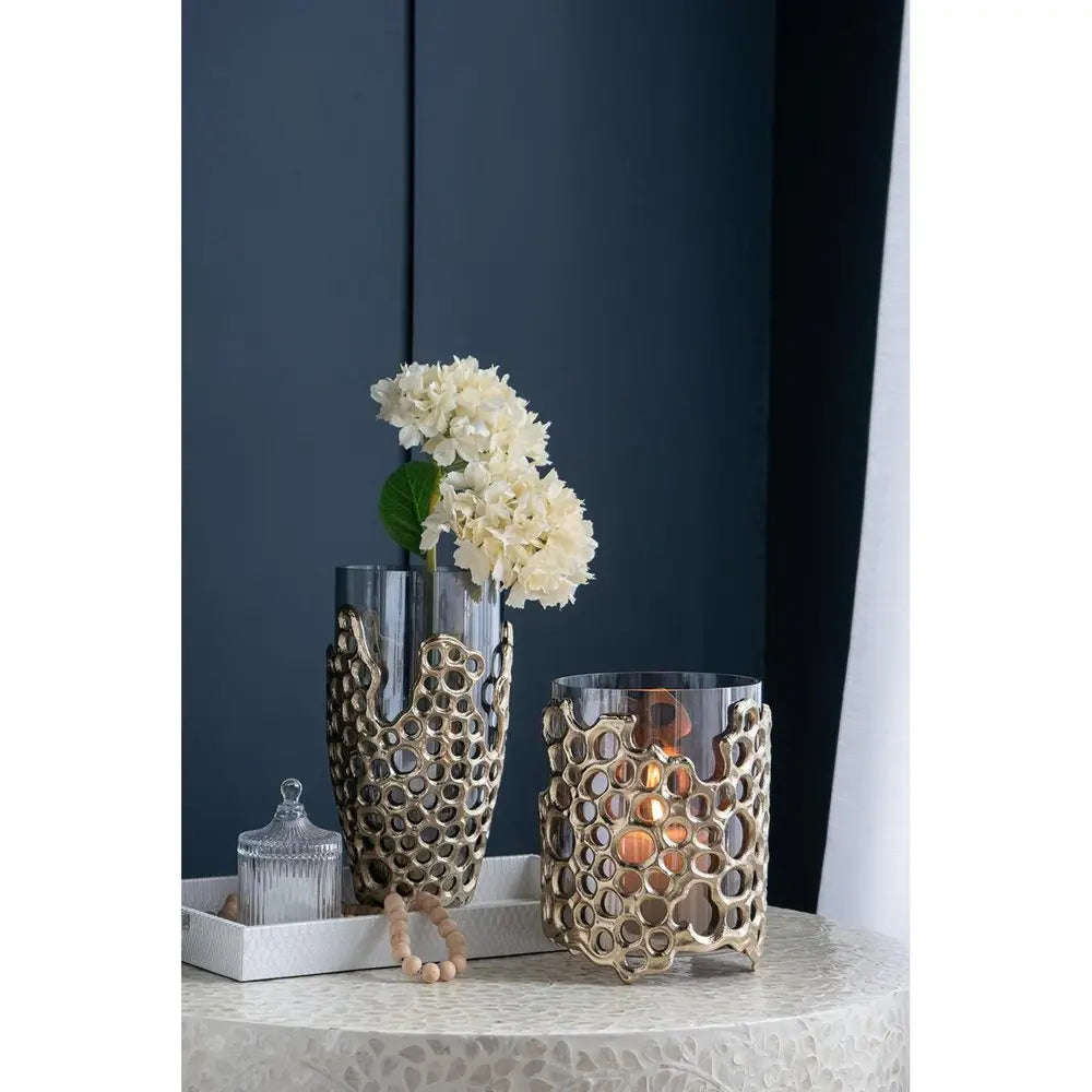 15" Black And Gold Aluminum And Glass Cylinder Table Vase - NOBLE HOME INTERIORS