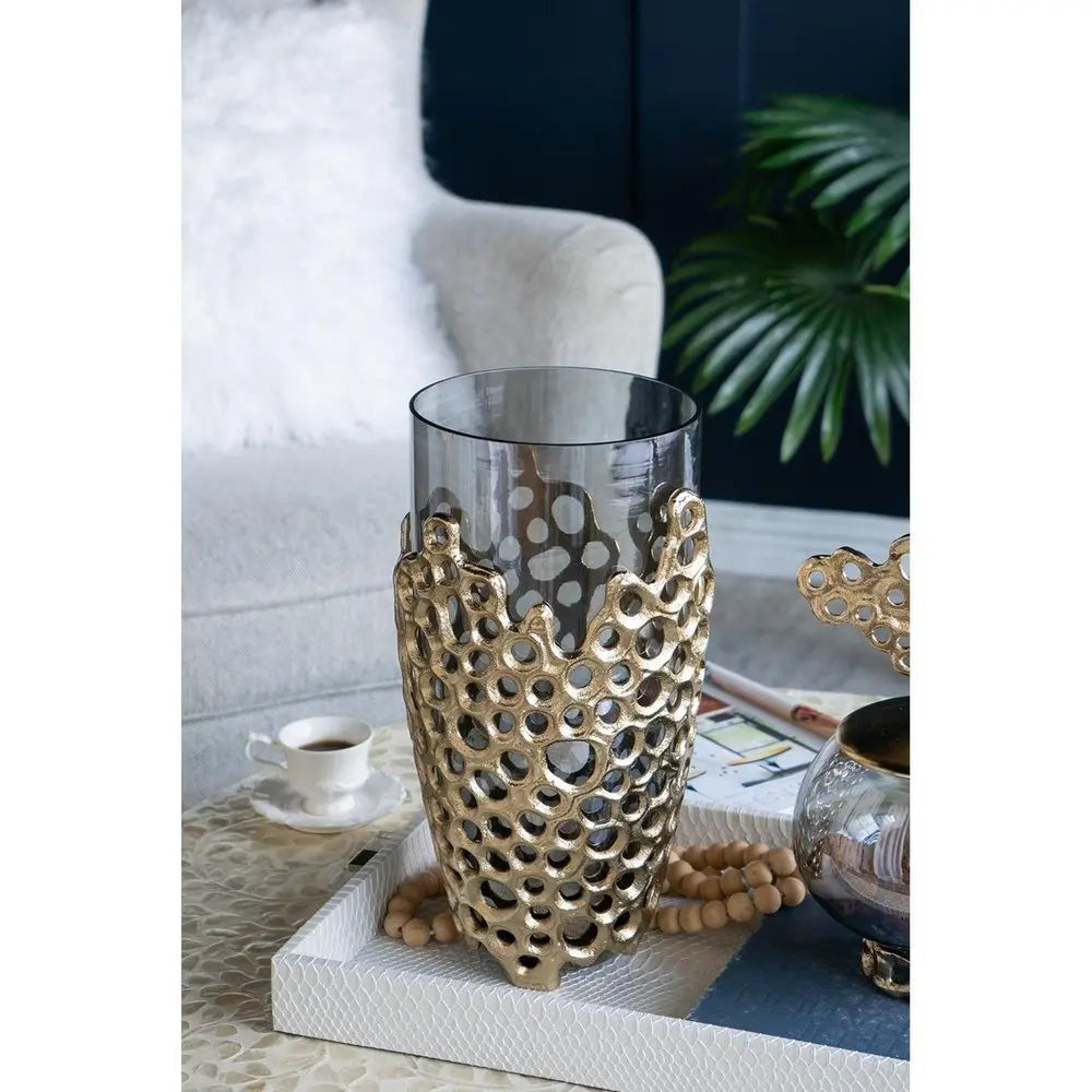 15" Black And Gold Aluminum And Glass Cylinder Table Vase - NOBLE HOME INTERIORS