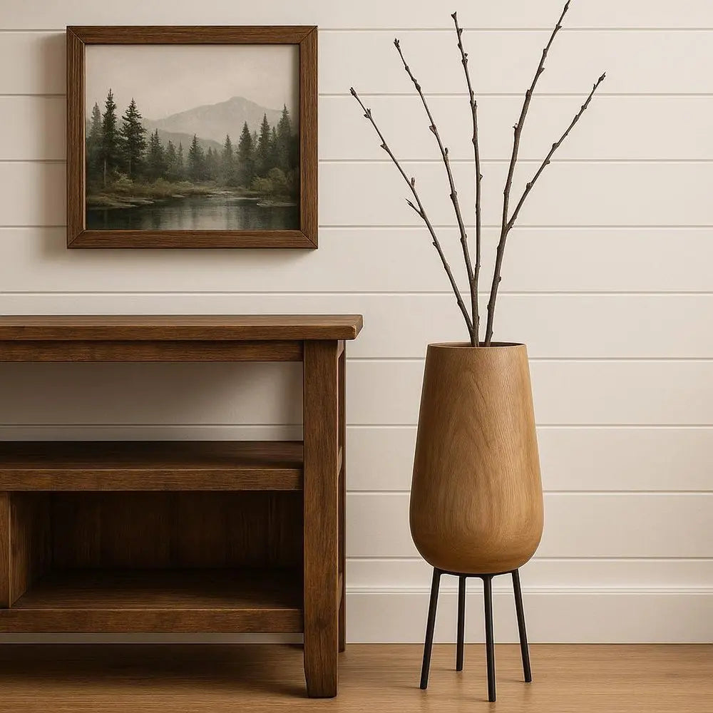 15" Brown Round Wood Floor Vase - NOBLE HOME INTERIORS