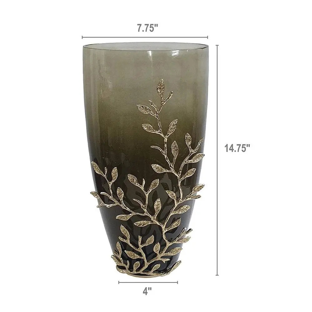 15" Dark Olive Green And Gold Branch Patterned Glass And Aluminum Table Vase - NOBLE HOME INTERIORS