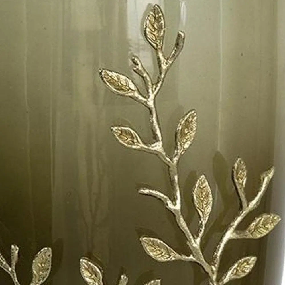 15" Dark Olive Green And Gold Branch Patterned Glass And Aluminum Table Vase - NOBLE HOME INTERIORS