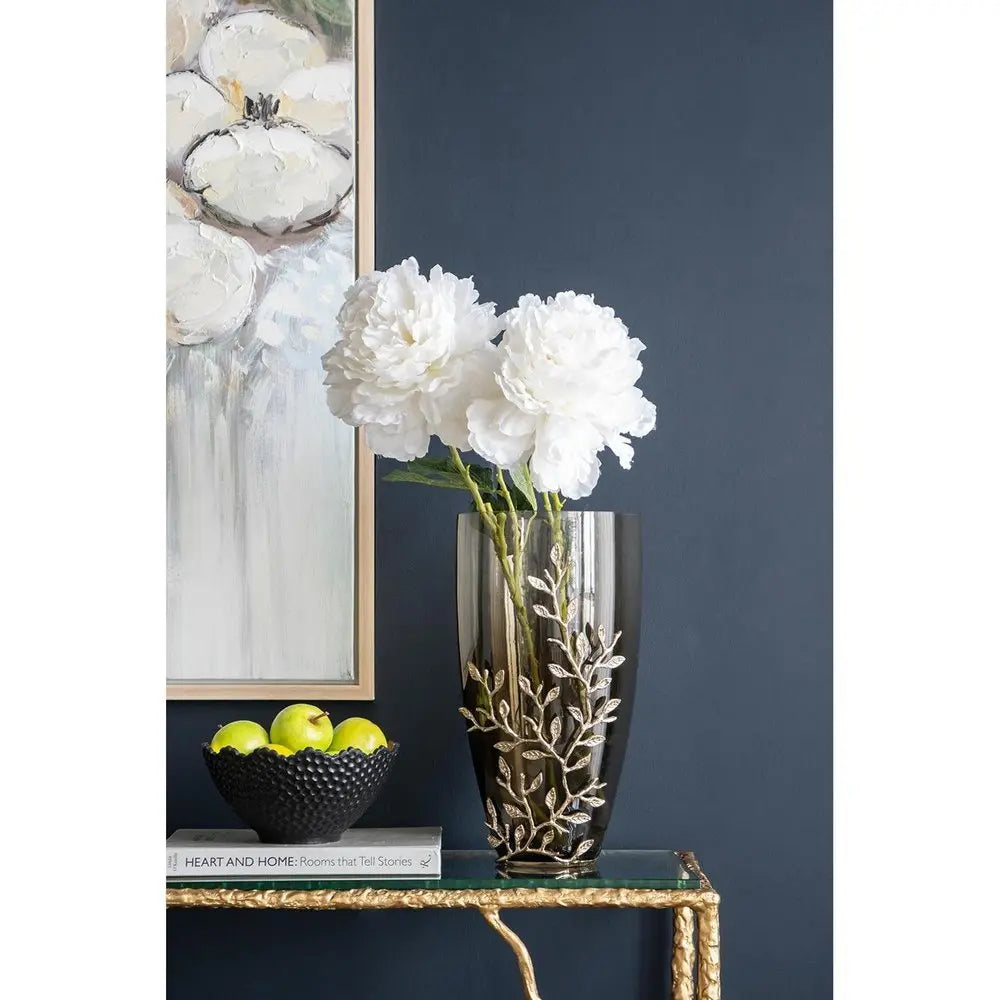 15" Dark Olive Green And Gold Branch Patterned Glass And Aluminum Table Vase - NOBLE HOME INTERIORS