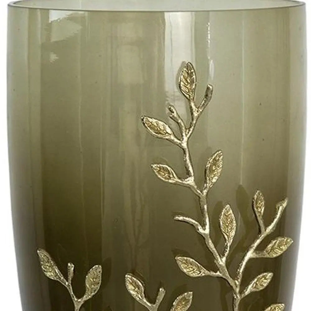 15" Dark Olive Green And Gold Branch Patterned Glass And Aluminum Table Vase - NOBLE HOME INTERIORS