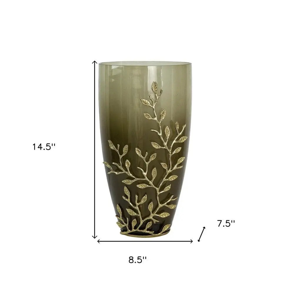 15" Dark Olive Green And Gold Branch Patterned Glass And Aluminum Table Vase - NOBLE HOME INTERIORS