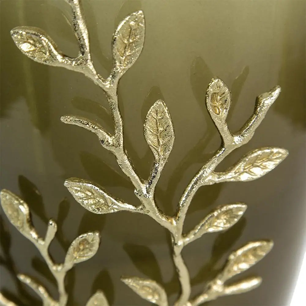 15" Dark Olive Green And Gold Branch Patterned Glass And Aluminum Table Vase - NOBLE HOME INTERIORS
