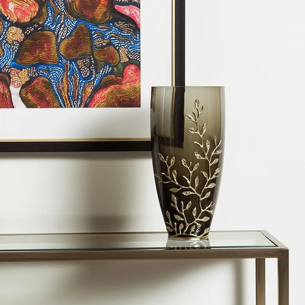 15" Dark Olive Green And Gold Branch Patterned Glass And Aluminum Table Vase - NOBLE HOME INTERIORS