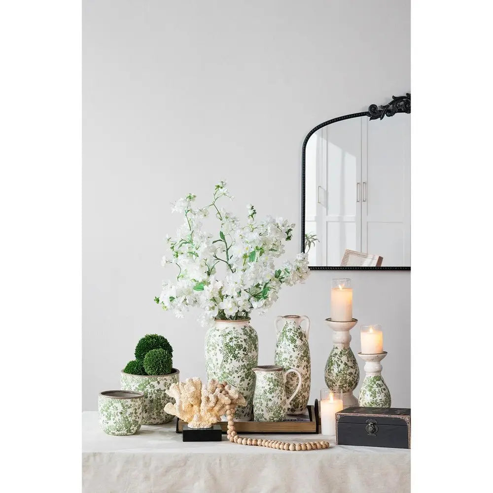 15" Green and White Leaf Trumpet Ceramic Table Vase With Does Not Apply - NOBLE HOME INTERIORS