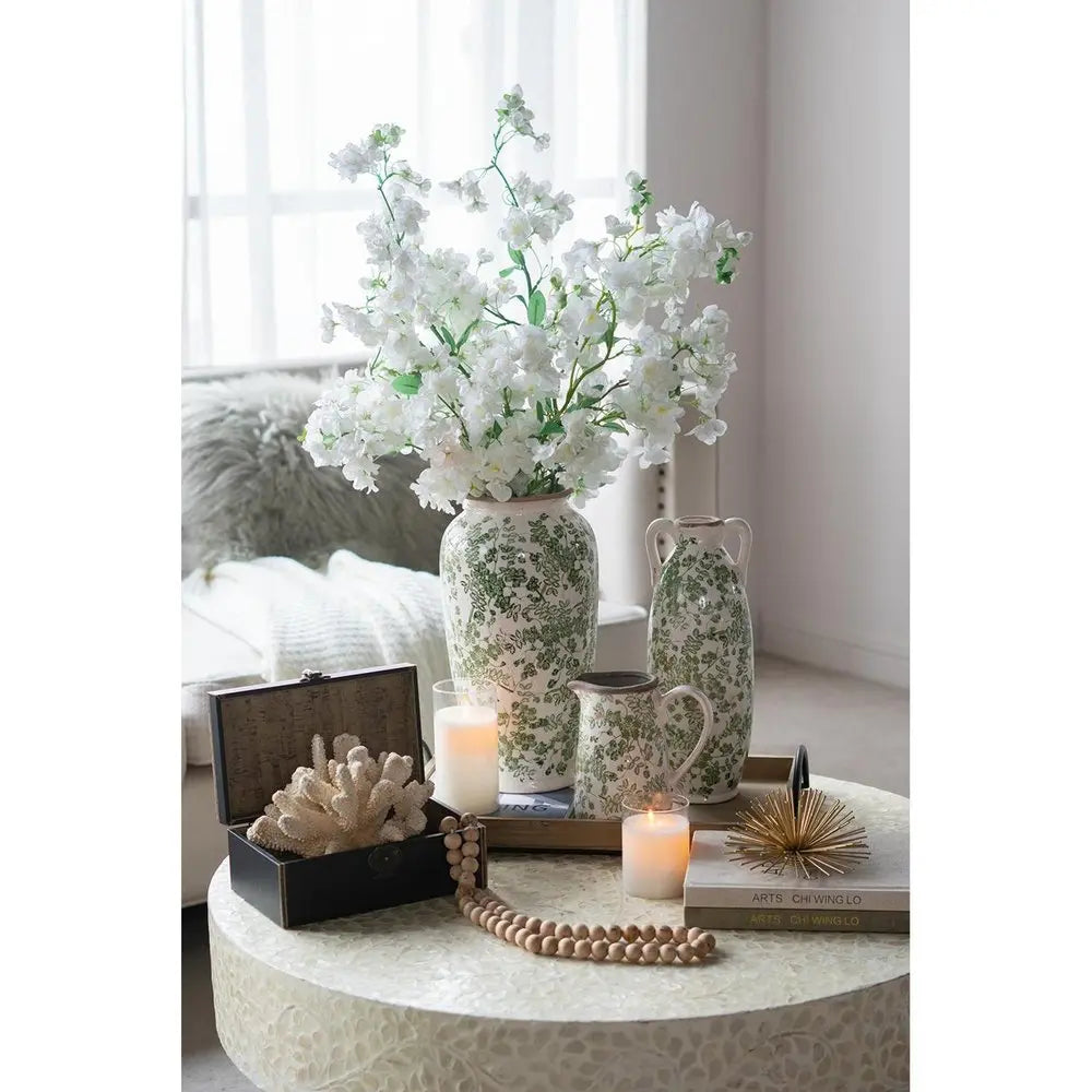 15" Green and White Leaf Trumpet Ceramic Table Vase With Does Not Apply - NOBLE HOME INTERIORS