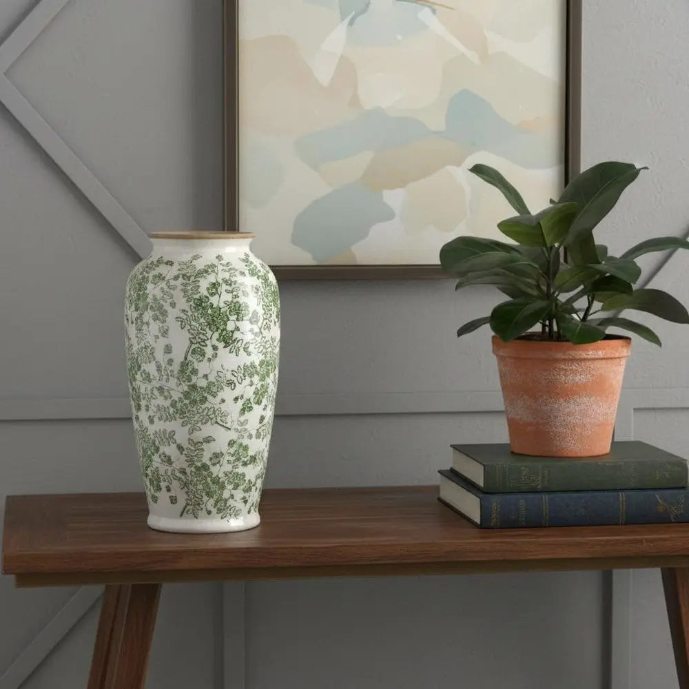 15" Green and White Leaf Trumpet Ceramic Table Vase With Does Not Apply - NOBLE HOME INTERIORS