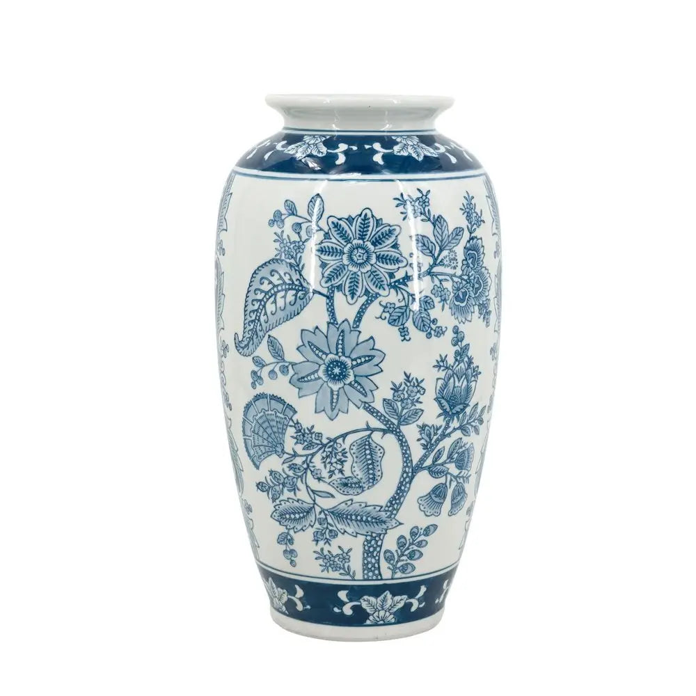 15" Light Blue And White Floral Porcelain Urn Vase - NOBLE HOME INTERIORS