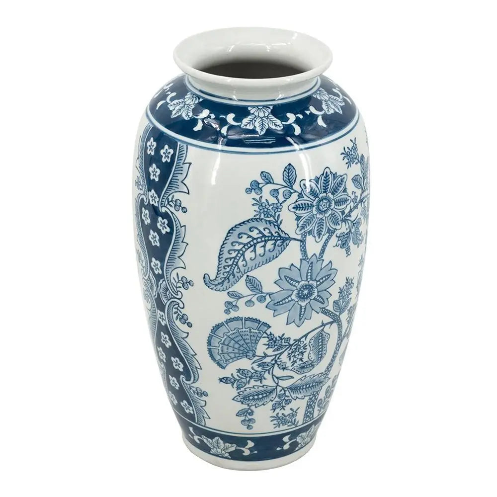 15" Light Blue And White Floral Porcelain Urn Vase - NOBLE HOME INTERIORS