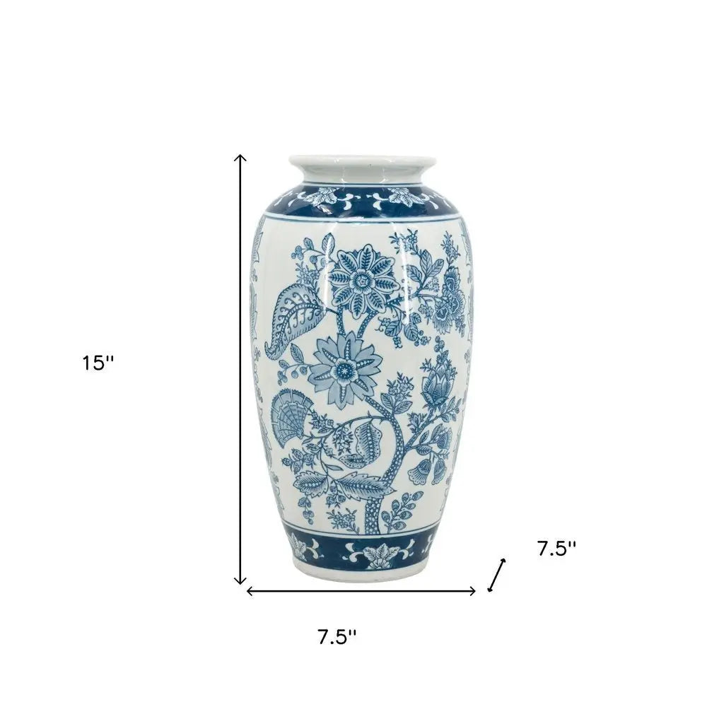 15" Light Blue And White Floral Porcelain Urn Vase - NOBLE HOME INTERIORS