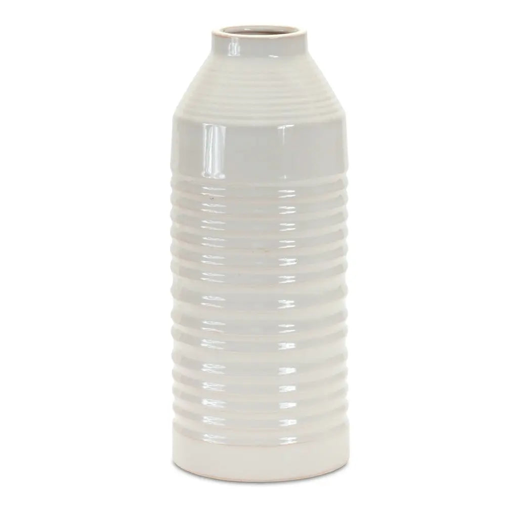 15" White Ribbed Cylinder Terracotta Table Vase - NOBLE HOME INTERIORS