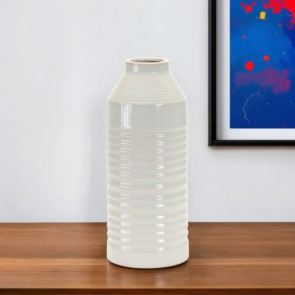 15" White Ribbed Cylinder Terracotta Table Vase - NOBLE HOME INTERIORS