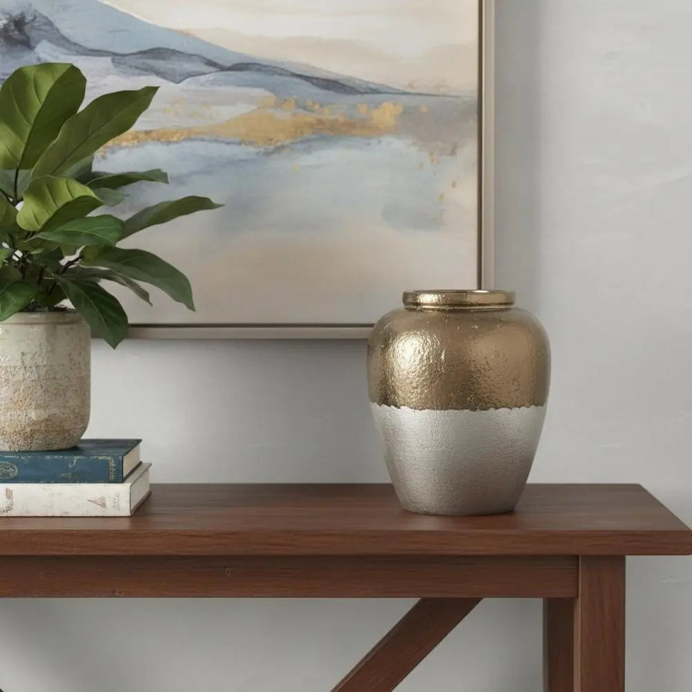 16" Beige and Bronze Terracotta Round Jug Vase - NOBLE HOME INTERIORS