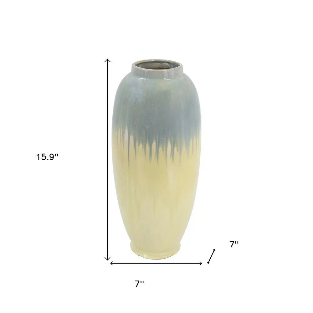 16" Blue And Cream Reactive Glaze Ceramic Cylinder Table Vase - NOBLE HOME INTERIORS