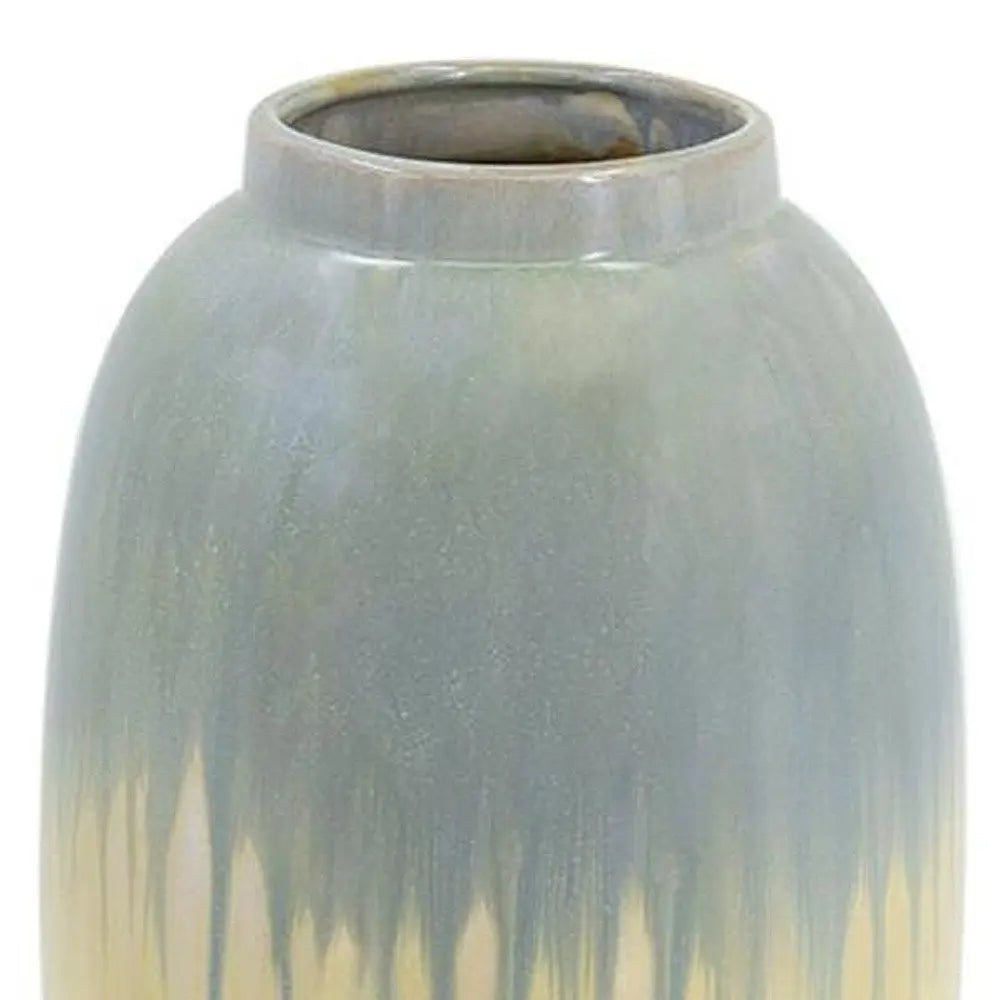 16" Blue And Cream Reactive Glaze Ceramic Cylinder Table Vase - NOBLE HOME INTERIORS