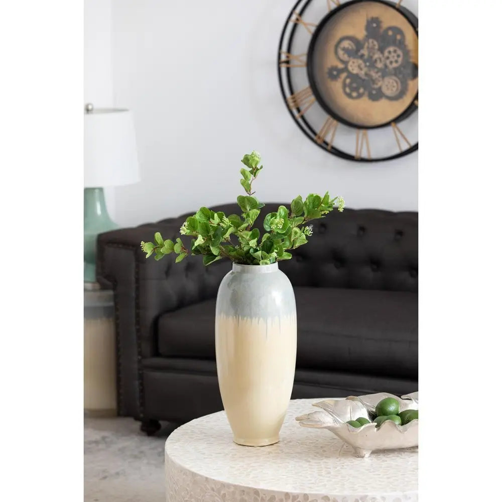 16" Blue And Cream Reactive Glaze Ceramic Cylinder Table Vase - NOBLE HOME INTERIORS