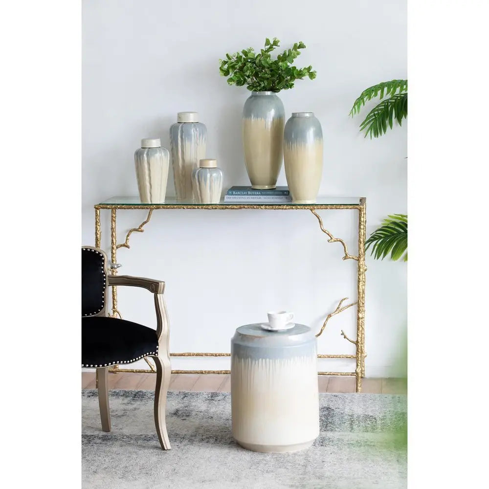 16" Blue And Cream Reactive Glaze Ceramic Cylinder Table Vase - NOBLE HOME INTERIORS