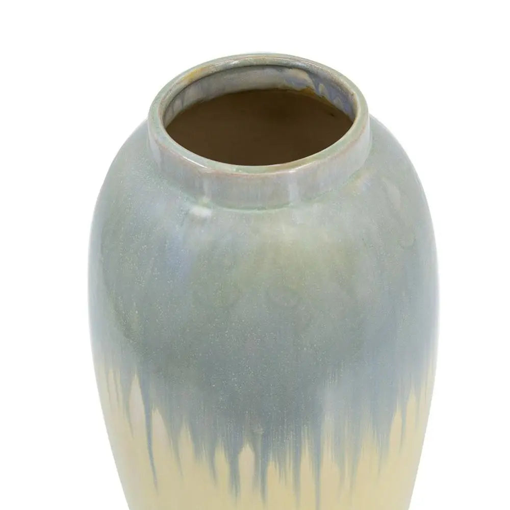 16" Blue And Cream Reactive Glaze Ceramic Cylinder Table Vase - NOBLE HOME INTERIORS