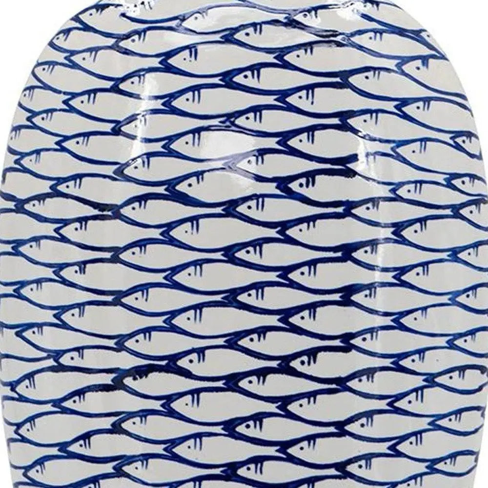 16" Blue And White Fish Print Oval Ceramic Table Vase - NOBLE HOME INTERIORS