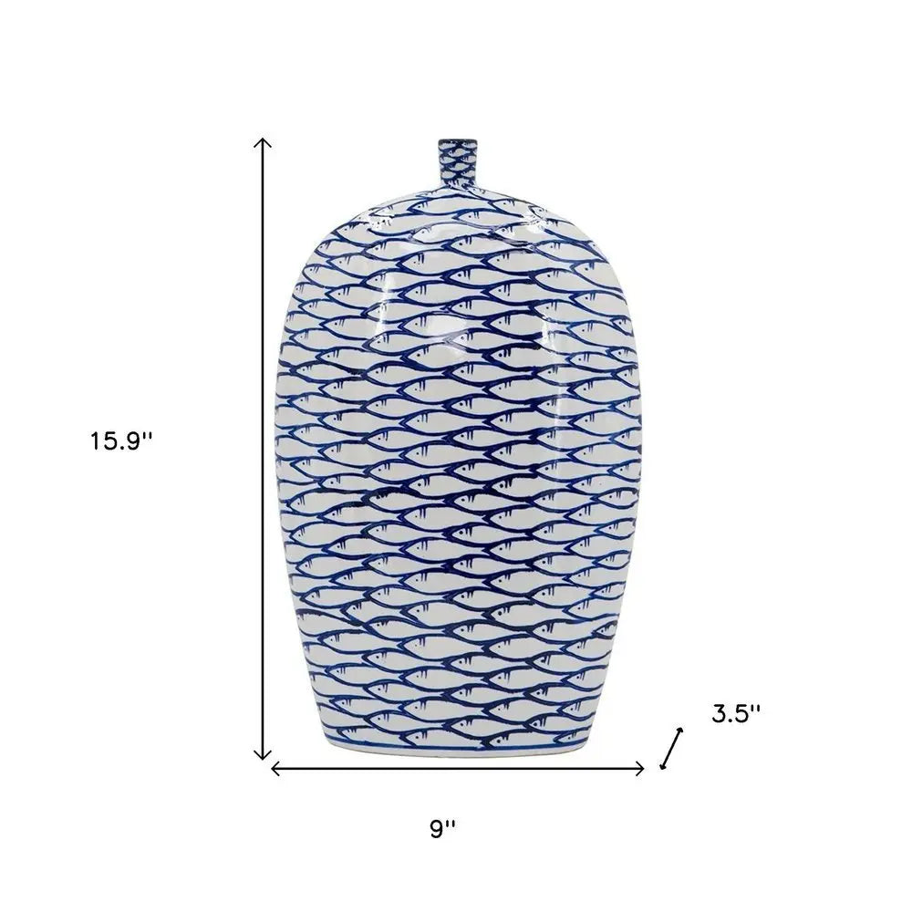 16" Blue And White Fish Print Oval Ceramic Table Vase - NOBLE HOME INTERIORS