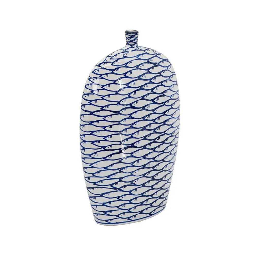 16" Blue And White Fish Print Oval Ceramic Table Vase - NOBLE HOME INTERIORS