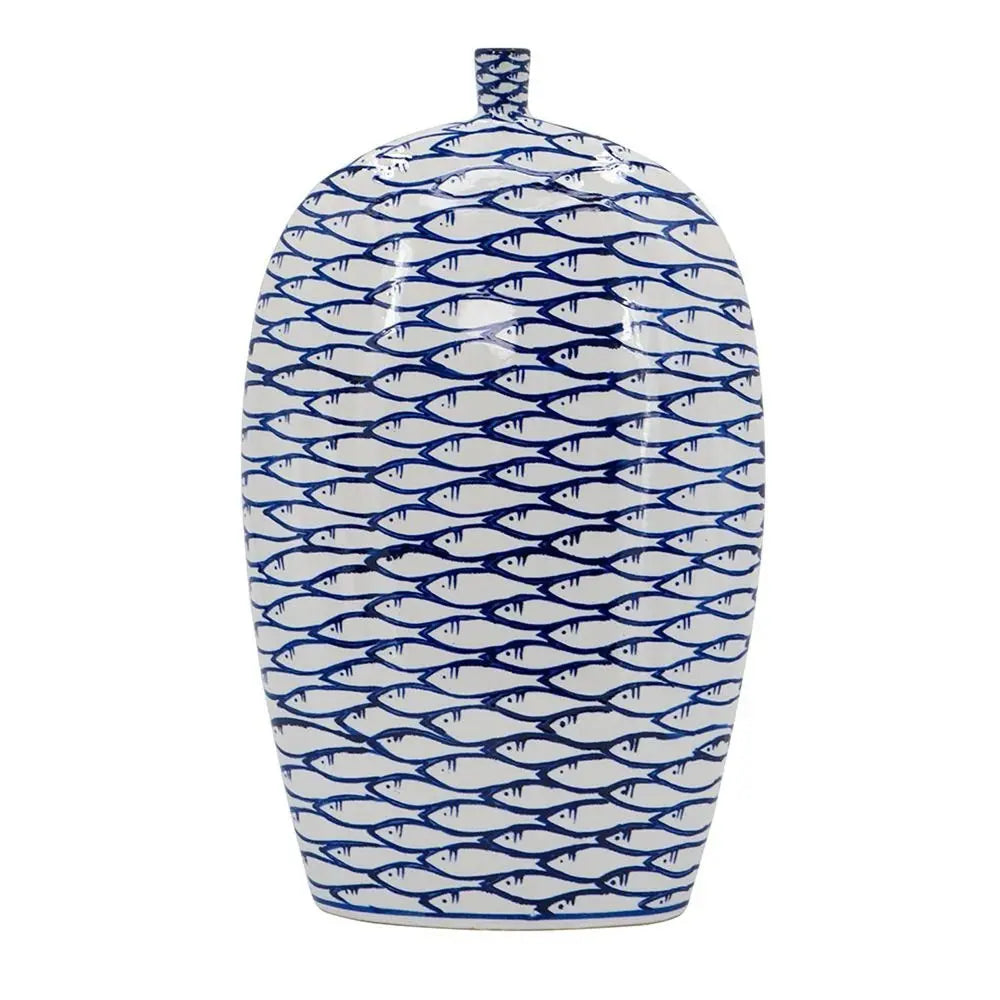 16" Blue And White Fish Print Oval Ceramic Table Vase - NOBLE HOME INTERIORS
