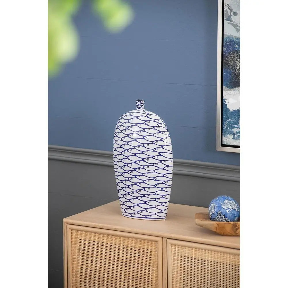 16" Blue And White Fish Print Oval Ceramic Table Vase - NOBLE HOME INTERIORS