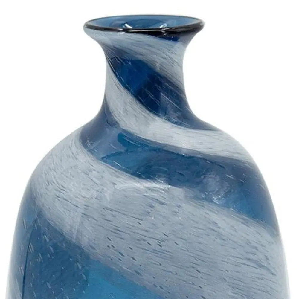 16" Blue And White Striped Swirl Art Glass Table Vase - NOBLE HOME INTERIORS
