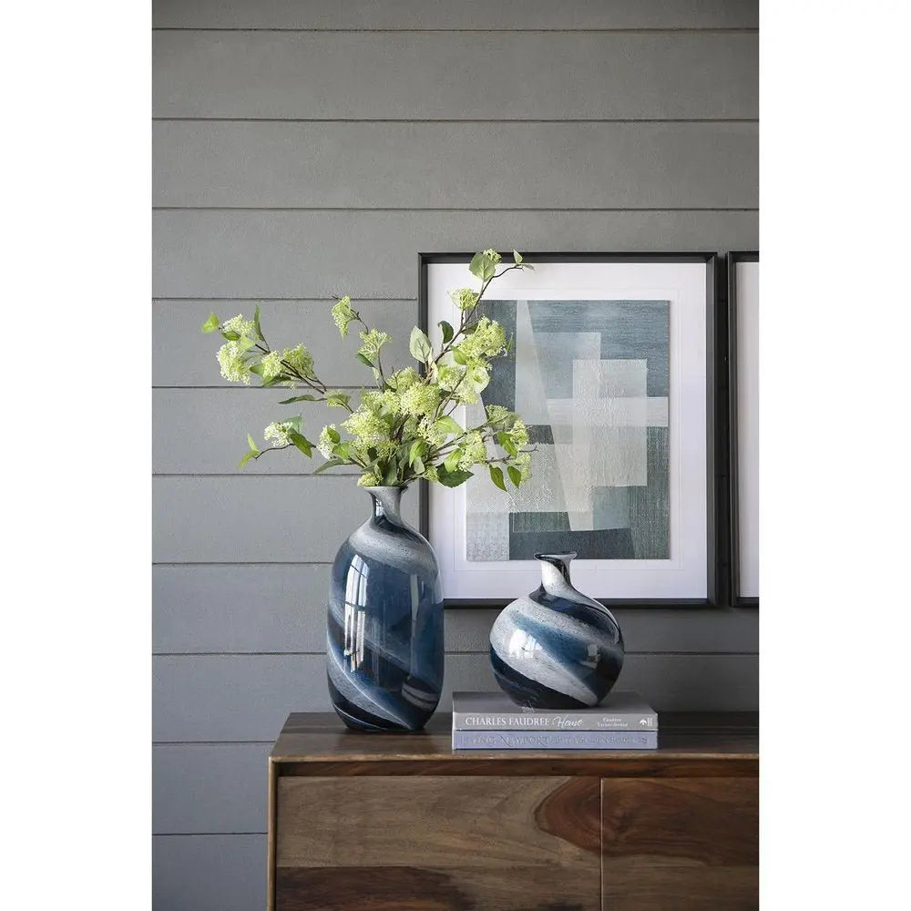 16" Blue And White Striped Swirl Art Glass Table Vase - NOBLE HOME INTERIORS