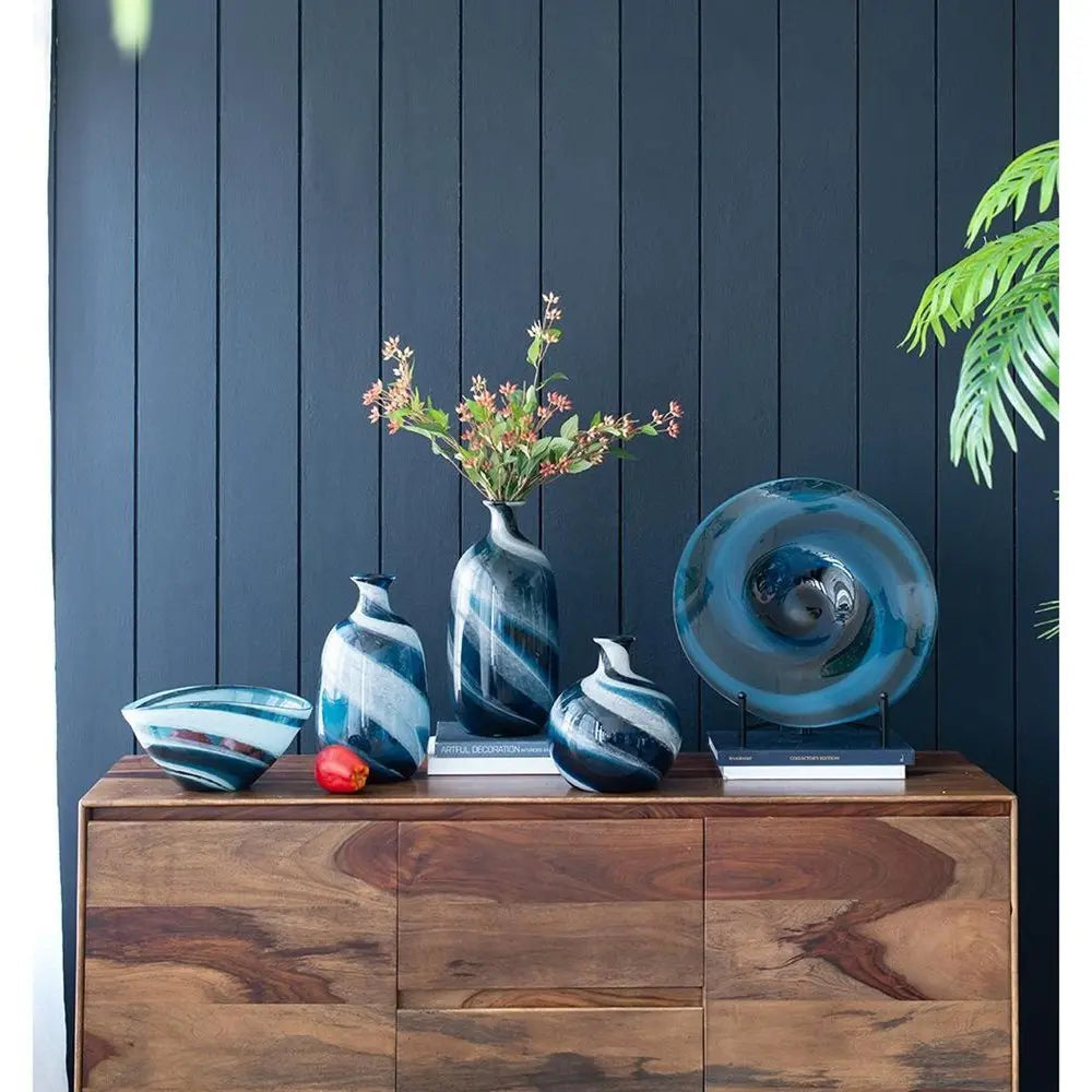 16" Blue And White Striped Swirl Art Glass Table Vase - NOBLE HOME INTERIORS