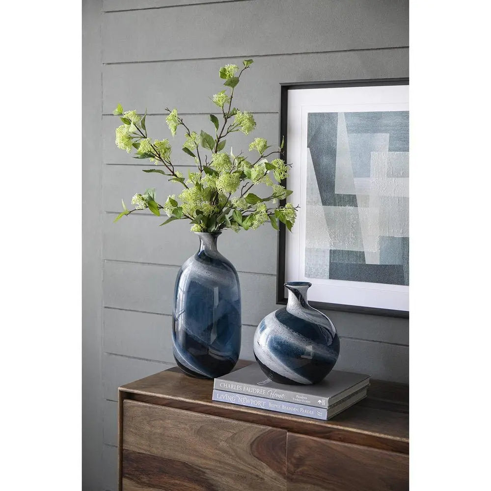 16" Blue And White Striped Swirl Art Glass Table Vase - NOBLE HOME INTERIORS