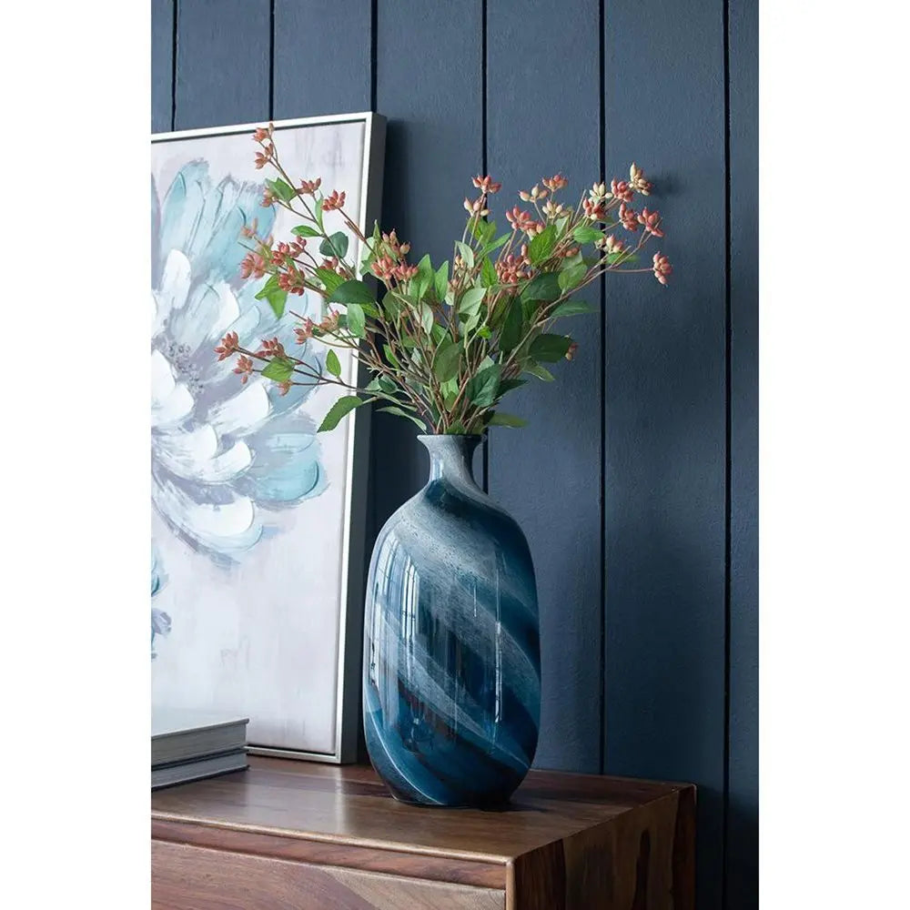 16" Blue And White Striped Swirl Art Glass Table Vase - NOBLE HOME INTERIORS