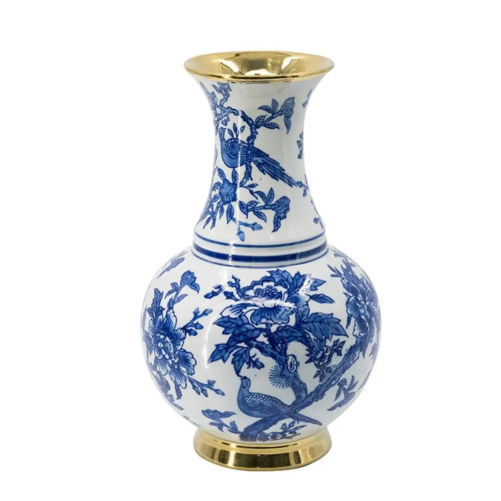 16" Blue White And Gold Chinoiserie Floral Porcelain Table Vase - NOBLE HOME INTERIORS