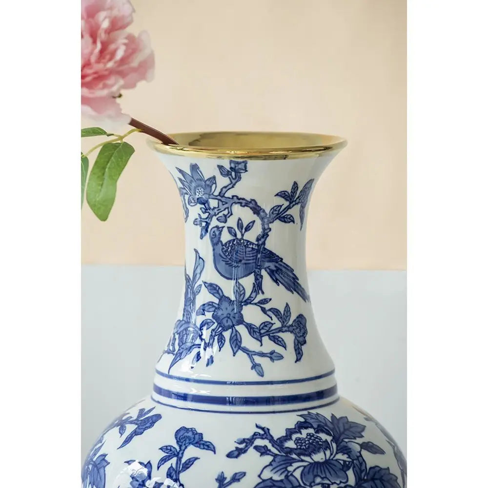 16" Blue White And Gold Chinoiserie Floral Porcelain Table Vase - NOBLE HOME INTERIORS