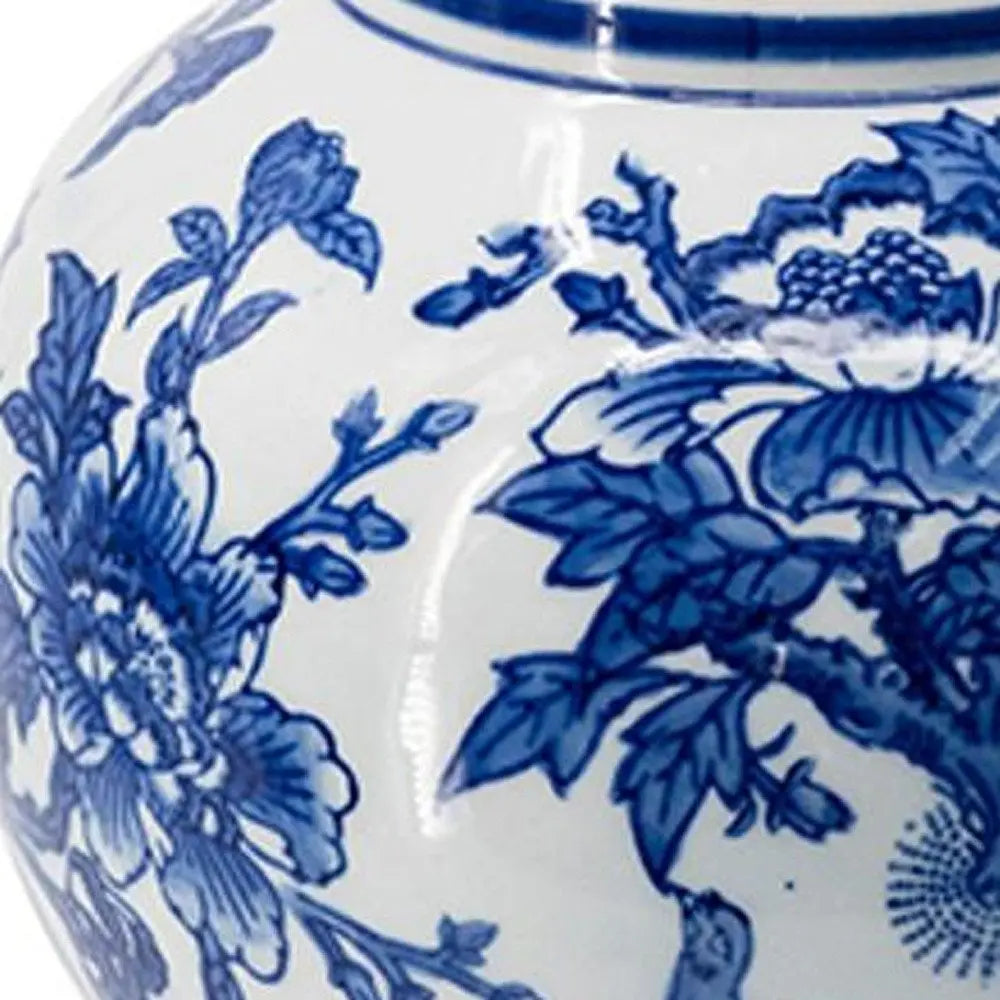 16" Blue White And Gold Chinoiserie Floral Porcelain Table Vase - NOBLE HOME INTERIORS