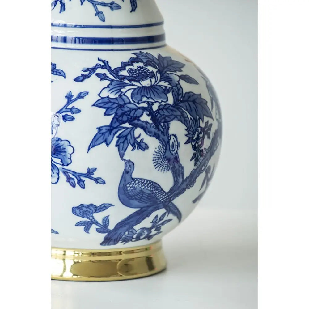 16" Blue White And Gold Chinoiserie Floral Porcelain Table Vase - NOBLE HOME INTERIORS