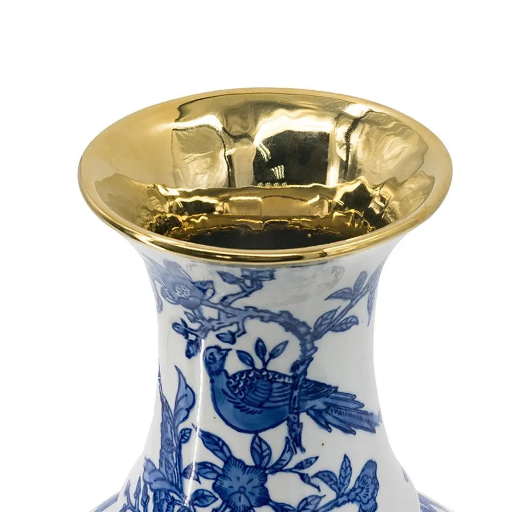 16" Blue White And Gold Chinoiserie Floral Porcelain Table Vase - NOBLE HOME INTERIORS